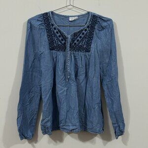 GAP Chambray Embroidered Lyocell Peasant Top Sz XS Boho Preowned Casual